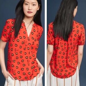 Anthropologie 1 of 52 Conversations Telephone Prints Hi Low Orange Blouse, sz 14
